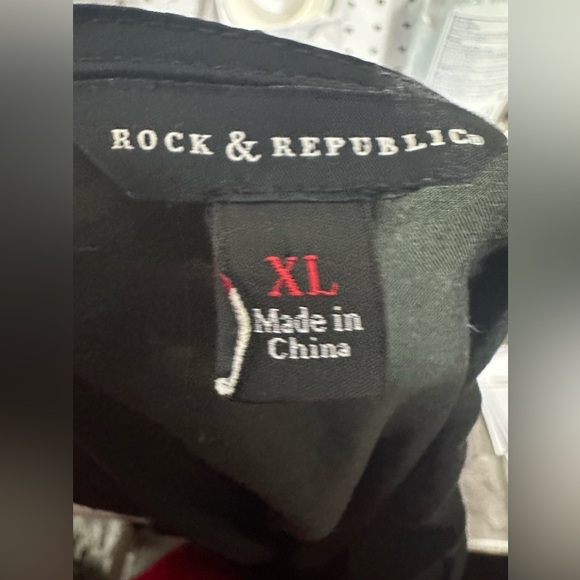 Rock and Republic Top Blouse XL Black Sleeveless Faux Leather Lace Decoration - Picture 5 of 7